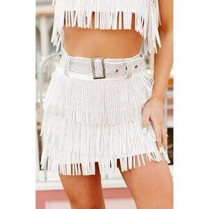 *PLUS ONLY* Spotlight Stealer Rhinestone Fringe Mini Skort Off White